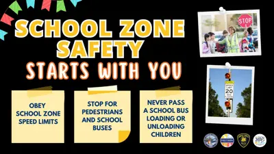 School Zone Safety Starts with You: Obey Speed Limit, Stop for pedestrians and school buses, and never pass a bus loading or unloading children.