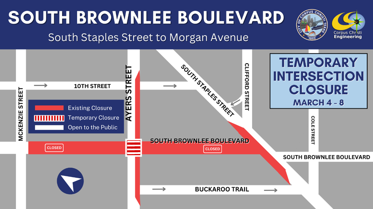 A map showing the temporary intersection closure of South Brownlee Boulevard at Ayers Street.