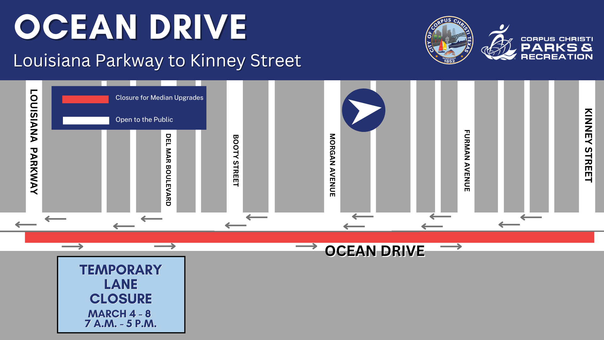 Map of Ocean Drive Temporary Lane Closure during March 4-8