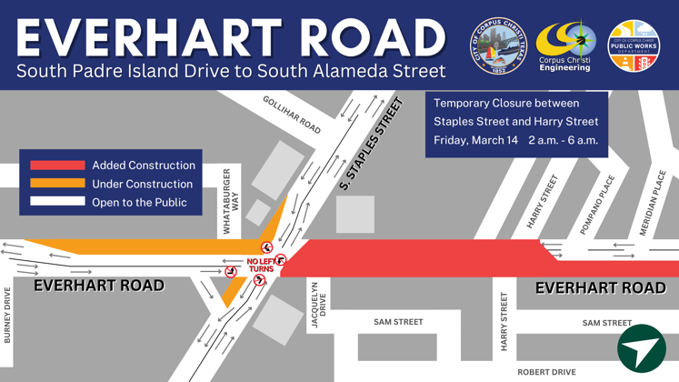 Map showing closure of Everhart Road from Staples Street to Harry Drive.